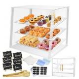 3 Tray Acrylic Bakery Display Case Countertop with Magnetic Rear Doors Access, Removable Trays & Gold Accents, Acrylic Pastry Display Case for Desserts, Cookies, Bread & Baked Goods (21\"x16\"x17\")