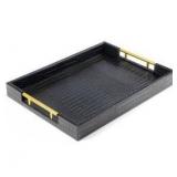 17\" x 12\" Wood Serving Tray with Gold Polished Metal Handles, Home Decorative Wooden Rectangle Ottoman Leather Decor Platter Bathroom Vanity Tray for All Occasions Alligator Black (broken handle)