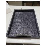 17\" x 12\" Wood Serving Tray with Gold Polished Metal Handles, Home Decorative Wooden Rectangle Ottoman Leather Decor Platter Bathroom Vanity Tray for All Occasions Alligator Black (broken handle)