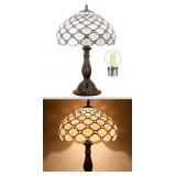 WERFACTORY Tiffany Lamp Cream Amber Stained Glass Bead Table Lamp Desk Bedside Reading Light 12X12X18 Inches Deco Bedroom Living Room Home Office S005 Series