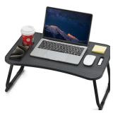 ZEAPTAC Laptop Bed Desk, Foldable Lap Table, Portable Study Table, Laptop Stand with Cup Holder & Tablet Slot & Lifting Handle for Working Writing Drawing & Eating - Dark Black