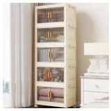 5 Tier Stackable Plastic Storage Bins with Lids 58QT, Collapsible Closet Organizers and Storage with Wheels for Living Room,Office,Dorm