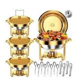 Round Chafing Dishes for Buffet 5 Qt,High Grade Chafing Dish Buffet Set with Stainless Steel Lid & Lid Holder,Full Size Pan,Food Warmers for Parties,Buffet,Wedding, Birthday 4 Pack (Gold