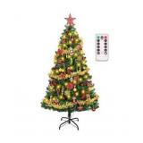 4ft Artificial Christmas Tree with Lights and Ornaments, Small Prelit Xmas Tree with Hanging Balls (8 Modes) for Home Holiday Decoration, Gold+Red+Green