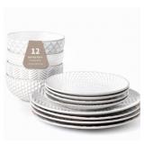 12 Piece Embossed Dinnerware Sets for 4, Elegant Plates and Bowls Sets