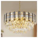 HOSSEE Modern Crystal Chandelier, Round Pendant Light Fixture Gold Luxury Crystal Chandelier Light for Dining Room Living Room Bedroom