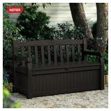 Keter Solana 70 Gallon Storage Bench Deck Box for Patio Furniture, Front Porch Decor and Outdoor Seating Perfect to Store Garden Tools, Brown/Brown