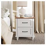 WAMPAT White Nightstand for Bedroom with Charging Station, Mid Century Side Table End Table with 2 Drawers, Wooden Night Stand Bedside Table for Living Room