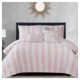 Juicy Couture Cabana Stripe Reversible Bedding Set - King Size - Dogwood Pink/White Stripe Print 6 Piece Set Includes 1 104\" x 90\" Comforter, 3 Decorative Pillows, 2 Shams
