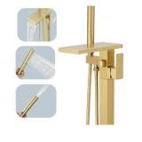 Hoimpro Tub Filler Freestanding Bathtub Faucet Brushed Gold Floor Mount Tub Faucet Waterfall Bathtub Filler with CUPC Certified High Flow Brass Bath Shower Faucets with Handheld Sprayer