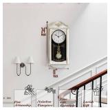Large Vintage Grandfather Wood- Looking Plastic Pendulum Wall Clock for Living Room, Kitchen, or Dining Room, Large White