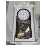 Large Vintage Grandfather Wood- Looking Plastic Pendulum Wall Clock for Living Room, Kitchen, or Dining Room, Large White
