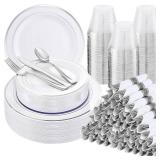WELLIFE 700 Pcs Silver Plastic Plates for 100 Guests - Party Supplies Includes 200 Plastic Plates,300 Silver Silverware,100 Napkins,100 Cups for Party,Disposable Dinnerware Set