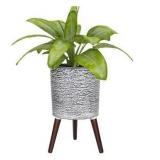 12 Inches Plant Pots with Stand Mid Century Flower Pots with Wood Legs Large Mode Cylinder Planter with Drainage Holes for Indoor Plants,Garden,Decorative-Grey