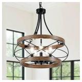 5-Light Farmhouse Chandelier, 17.72\" Rustic Drum Dining Room Light Fixture, Vintage Wood Finish Metal Hanging Pendant Lighting, Industrial Candle Chandeliers for Living Room Kitchen Entryway Bedroom