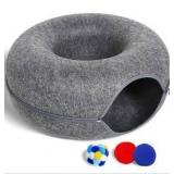 Large Cat Tunnel Bed for Indoor Cats with 3 Toys, Scratch Resistant Donut Cat Bed, Up to 30 Lbs (L 24x24x11, Dark Grey