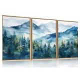 Blue Ridge Mountains Forest Framed Canvas Wall Art Set, Natural Landscape Wall Decor, Green Pine Trees Wall Painting, Woodland Artworks for Living Room, Bedroom, Dining Room - 16\"x24\"x3