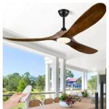 ABZ 60 Inch Ceiling Fans with Lights, Solid Wood Propeller Ceiling Fans with Lights Outdoor Ceiling Fan for Patios Propeller 3 Blades for Indoor Living Room, Walnut Wood
