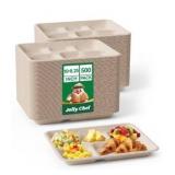 JOLLY CHEF Compostable  Compartment Paper Plates 10*8.25*1] Small Heavy Duty Divided Disposable Eco-Friendly Biodegradable Containers Food Trays for School Lunch(Brown