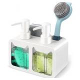 Kitchen Hand Soap and Dish Soap Dispenser Set, Dual Soap Dispenser with Sponge Caddy and Brush Holder 4-in-1 Organizer for Sink Countertop, Useful Kitchen Gadgets - White