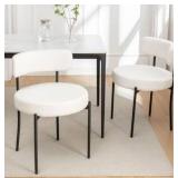 Boucle Dining Chairs Set of 2, Round Upholstered Dining Chairs with Black Metal Legs, Modern Dining Room Chairs for Dining Room, Kitchen(White)