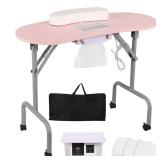 AGESISI Portable Manicure Table Nail Desk with Charging Station & Dust Collector, Foldable Nail Tech Table for Technician Spa Salon Workstation with Wrist Pad 4 Lockable Wheels, 36-inch, Pink