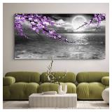 Large Purple Wall Art Decor for Living Room Bedroom Framed Black and White Seascape Full Moon Purple Flower Painting Canvas Picture Modern Hand-Painted Plum Blossom Artwork for Home Office 24x48