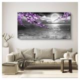 Large Purple Wall Art Decor for Living Room Bedroom Framed Black and White Seascape Full Moon Purple Flower Painting Canvas Picture Modern Hand-Painted Plum Blossom Artwork for Home Office 24x48