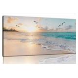 Beach Wall Art Decor for Living Room Ocean Canvas Picture for Wall Gold Sunset Painting for Bedroom Blue Seascape Theme Art Print for Bathroom Home Office Decoration Ready to Hang(20\"x40\")