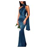 Prom Dresses Halter Mermaid Long Backless Satin Strapless High Waist Sheath Pleated Lace Up Back Formal Party Gowns with Train Teal 4 HF241