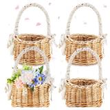 Thyle 4 Pcs Flower Girl Baskets with Handle, 7.87 x 4.33 Inch, Wicker Rattan, Lightweight, Brown