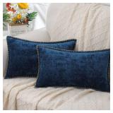 decorUhome Chenille Soft Throw Pillow Covers 12x20 Set of 2, Lumbar Velvet Farmhouse Neutral Decorative Euro Pillow Covers with Stitched Edge for Couch Sofa Bed Home Decor, Poseidon