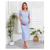 AISWI Mesh Ruched Maternity Dress Baby Shower Wedding Guest Pregnancy Shoot Fall Short Sleeves Square Neck, Light Blue, XX-Large