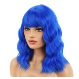 BERON 14 Inches Dark Blue Wig Short Curly Wig Women Synthetic Wigs Blue Wigs with Bangs Hairnet Included