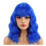 BERON 14 Inches Dark Blue Wig Short Curly Wig Women Synthetic Wigs Blue Wigs with Bangs Hairnet Included