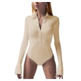 LilyCoco Womens Long Sleeve Bodysuit Tops Sexy Button Up V Neck Collared Body Suits Apricot Small