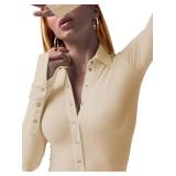 LilyCoco Womens Long Sleeve Bodysuit Tops Sexy Button Up V Neck Collared Body Suits Apricot Small