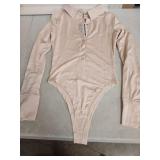 LilyCoco Womens Long Sleeve Bodysuit Tops Sexy Button Up V Neck Collared Body Suits Apricot Small