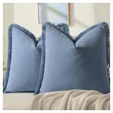 ZWJD Pillow Covers 20x20 Set of 2 Blue Throw Pillow Covers with Fringe Chic Cotton Decorative Pillows Square Cushion Covers for Sofa Couch Bed Living Room Farmhouse Boho Decor