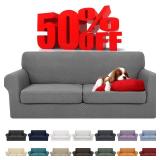 YEMYHOM Latest Checkered 3 Pieces Couch Covers For 2 Cushion Couch High Stretch Sofa Cover With 2 Extra Large Seat Cushion Covers Anti Slip Elastic Slipcovers (Light Gray), 71"-91"(2 Cushions)