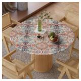 Horaldaily Boho Bohemia Fitted Tablecloth Best For 45"-56" Round, Vintage Country Rustic Farmhouse Orange Elastic Edge Polyester Table Cover For Party Picnic Camping Outdoor Indoor