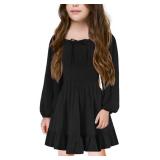 Girls Long Sleeve Square Neck Casual Boho Smocked Short Dresses 5-14 Years Black