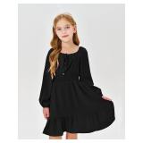 Girls Long Sleeve Square Neck Casual Boho Smocked Short Dresses 5-14 Years Black