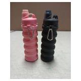 YCTMALL Collapsible Water Bottles Two Pack Travel Sports Portable Sport Bottle comes With Mountaineering Buckle 500ml Silicone Water-proof Camping Bottle (Pink And Grey Color)