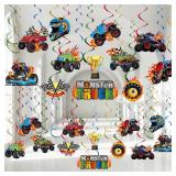 Capoda 54 Pieces Monster Truck Hanging Foil Swirls Truck Birthday Party Decoration Paper Hanging Cutouts For Boys Car Transportation Party Supplies Baby Shower Home Wall Ceiling Decor