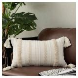 OJIA Lumbar Decorative Boho Throw Pillow Cover, 12 x 20 Farmhouse Cute Pillowcase Minimalist Neutral Collection Cream White Tufted With Tassels Woven Cushion Cover For Sofa Couch Bedroom Living Room