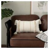 OJIA Lumbar Decorative Boho Throw Pillow Cover, 12 x 20 Farmhouse Cute Pillowcase Minimalist Neutral Collection Cream White Tufted With Tassels Woven Cushion Cover For Sofa Couch Bedroom Living Room