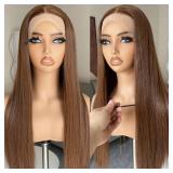 BLL Brown Wig, 13x4 Synthetic Lace Front Pre Plucked 26inch Long Straight Glueless Chocolate Light Brown Wigs Suitable For Everyday Wear