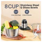 GANIZA Food Processors, Electric Food Chopper with Meat Grinder & Vegetable Chopper - 2 Bowls (8 Cup+8 Cup) with Powerful 450W Copper Motor - Includes 2 Sets of Bi-Level Blades for Fruits/Meat/Nuts