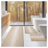 BSICPRO Bathroom Rugs Sets 3 Piece, Toilet Rugs U-Shaped Contour Bath Mat Set, Long Striped Absorbent Non Slip Chenille Shower Mat, Beige